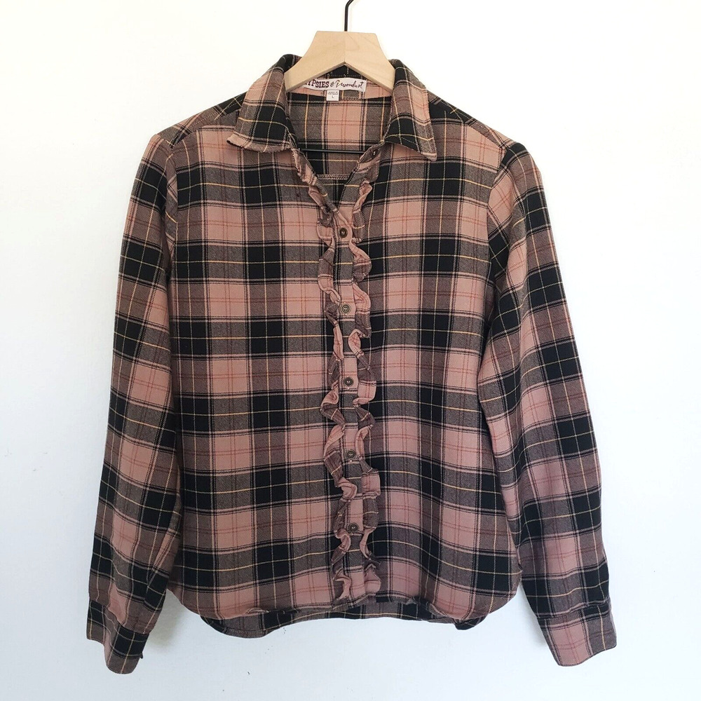 Gypsies And Moondust SIZE L Plaid Tan Ruffle Trim Cowgirl Long Sleeve Shirt